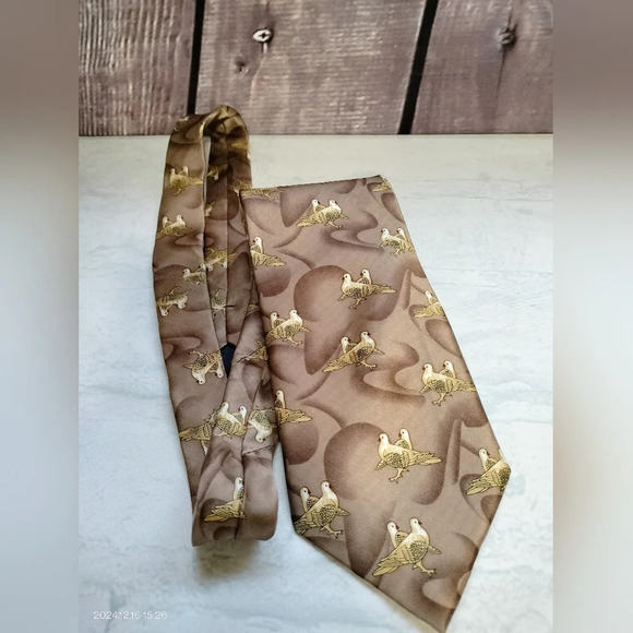 Kai Long Silk Tie Necktie Tan Brown Abstract Birds Handmade 56x4. B - Picture 1 of 7